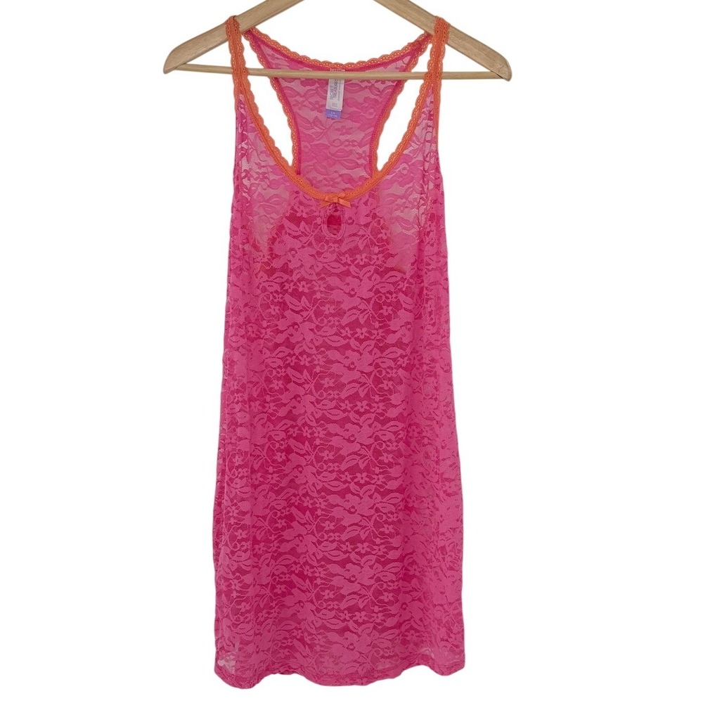 Secret Treasures Pink Lace Chemise Nightgown Racerback Orange Trim L